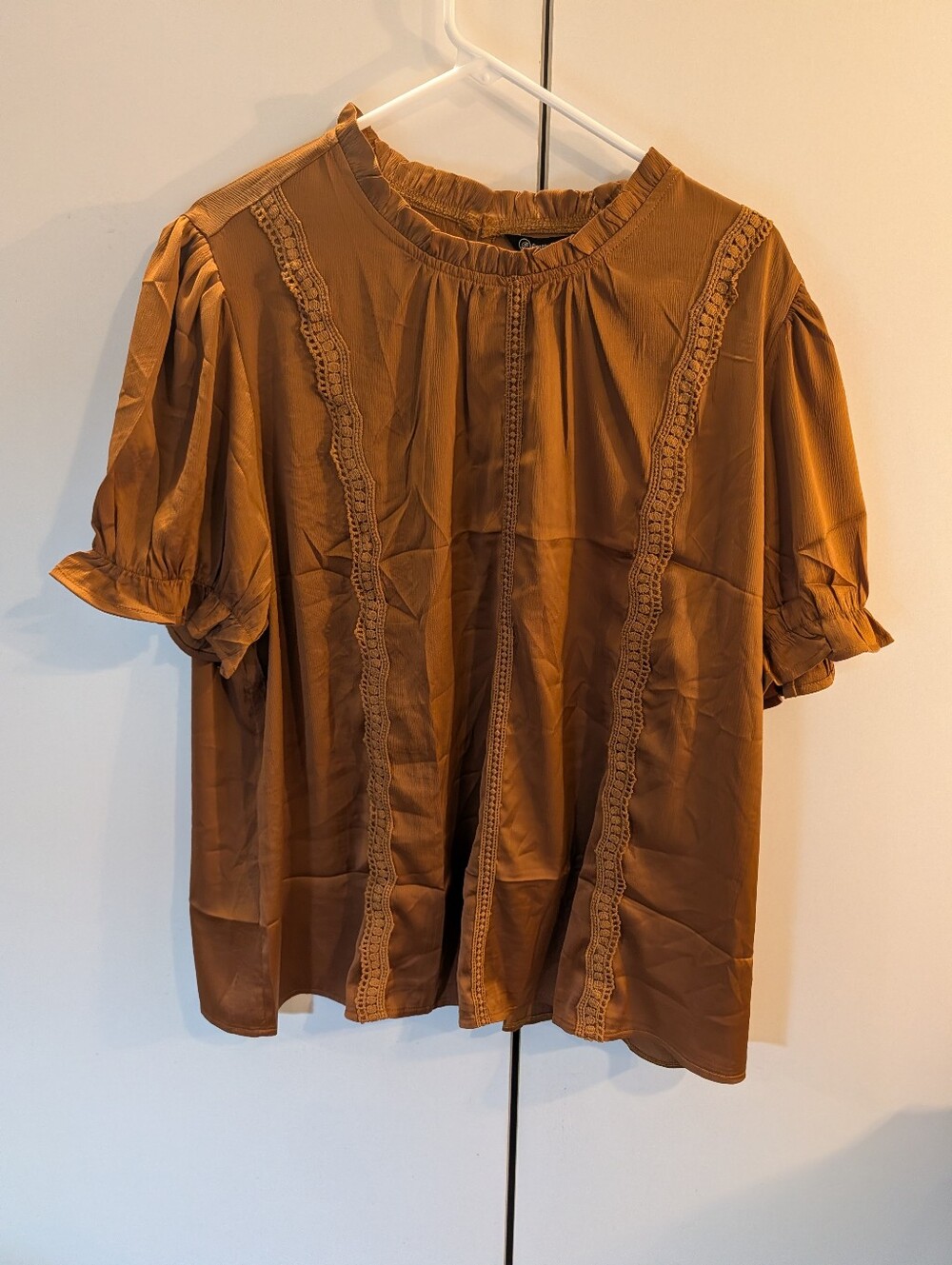 Pretty Garden Womens XXL Brown Short Sleeve Lace-Trim Blouse NWT